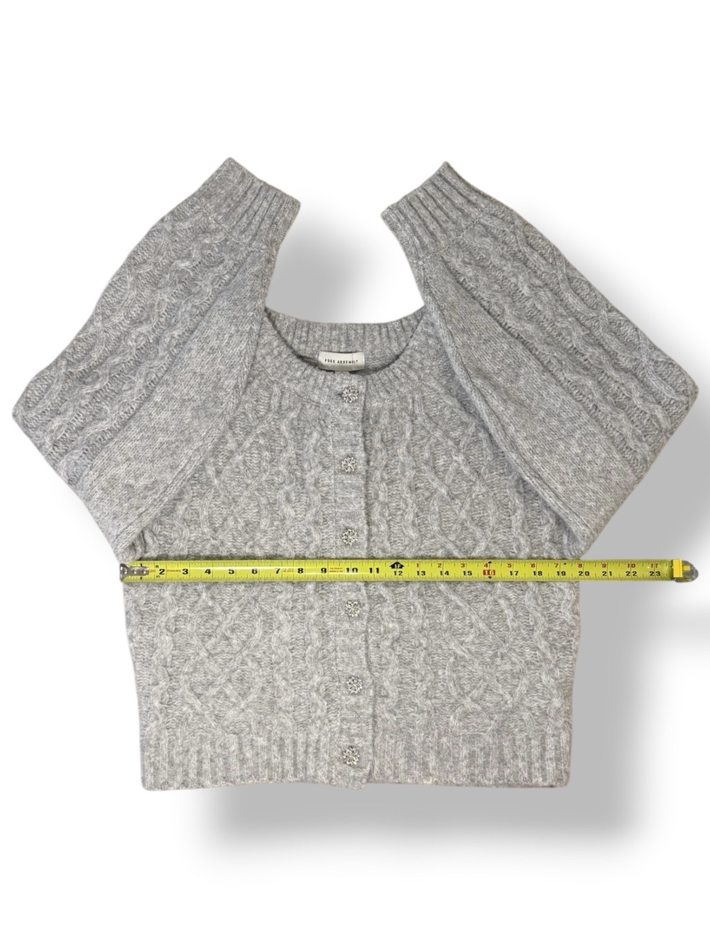 Free Assembly Gray Cable Knit Cropped Cardigan Sweater Medium Rhinestone Buttons - Picture 4 of 8